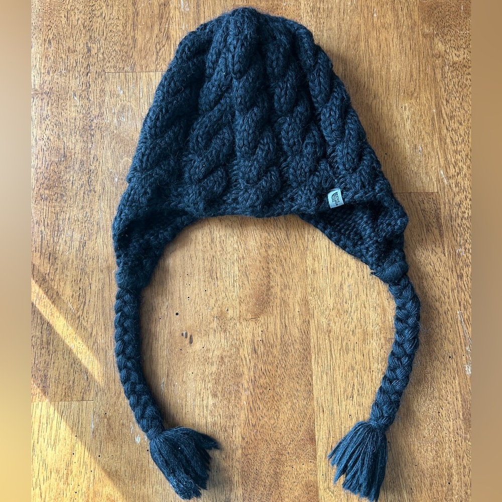 The North Face Women's Black Cable Knit Ear Flap Beanie Hat with Braids One Size